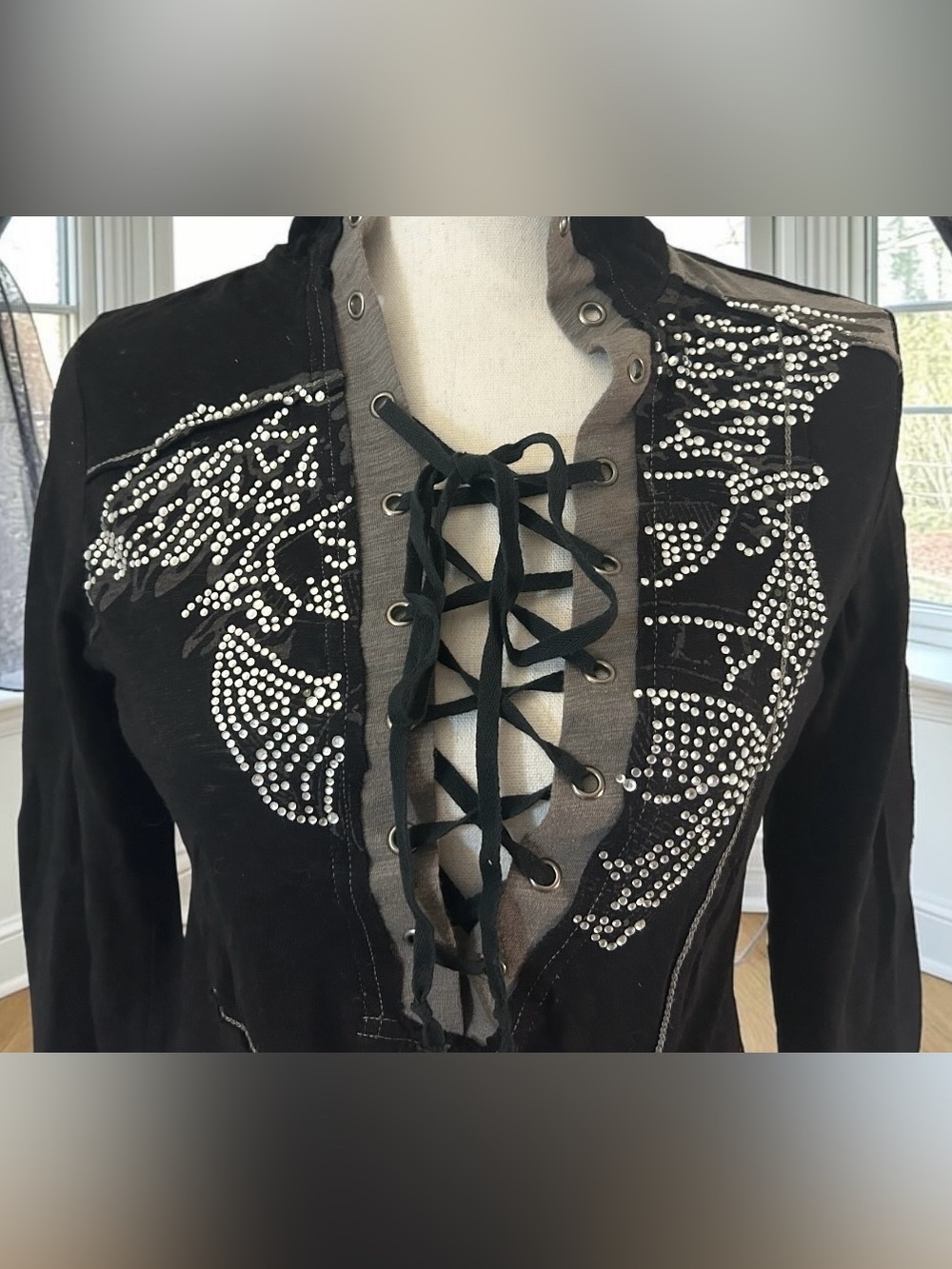 Y2K Mürmür Rhinestone Grommet Color Block Lace Up Hooded Top Grunge Goth S - Picture 3 of 14
